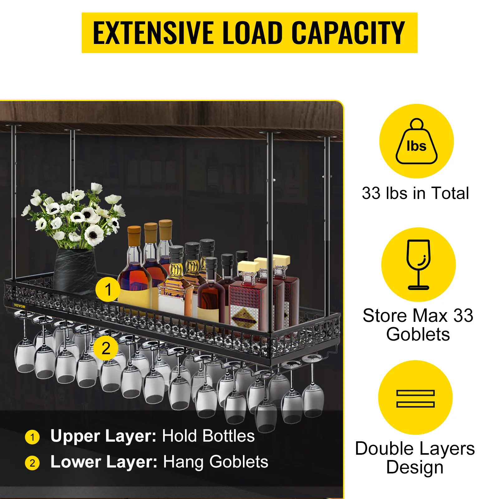VEVOR ceiling wine glass rack with double layers holding bottles and hanging goblets.