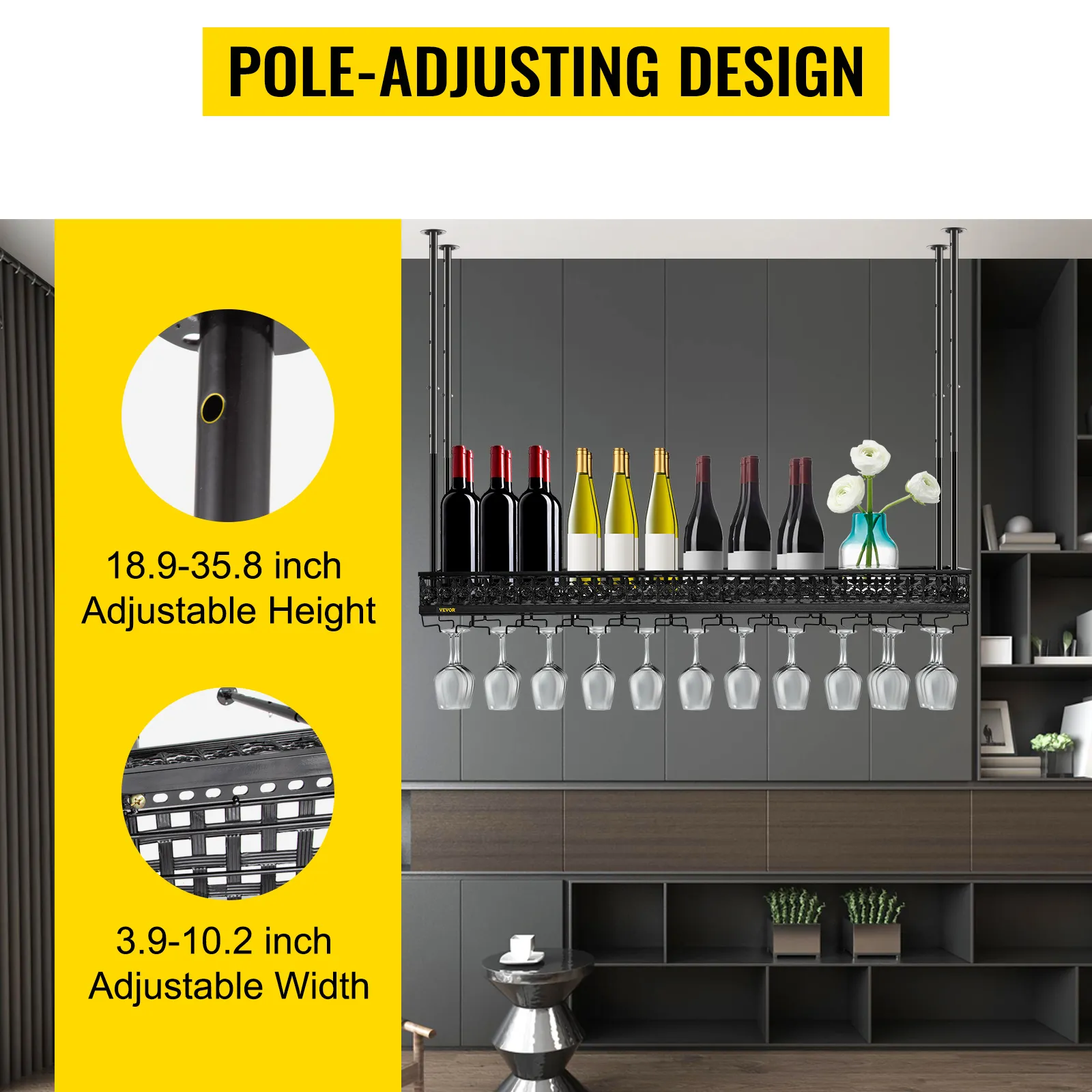 VEVOR ceiling wine glass rack with adjustable height and width, holding bottles and glasses.
