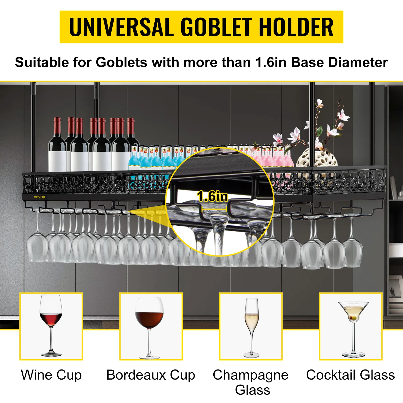 VEVOR ceiling wine glass rack for goblets with 1.6in base diameter and various wine glasses.