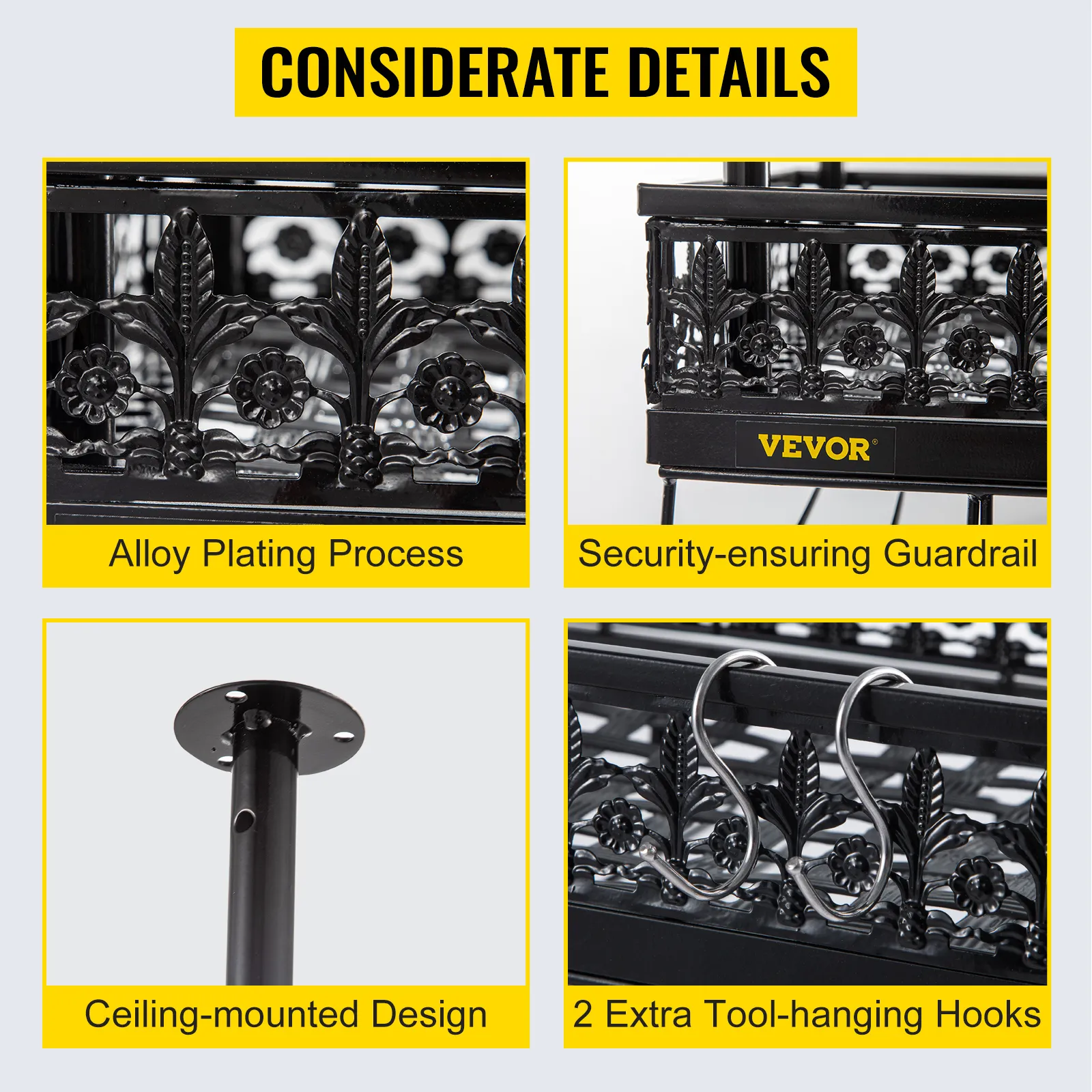 VEVOR ceiling wine glass rack with alloy plating, guardrail, and tool-hanging hooks.