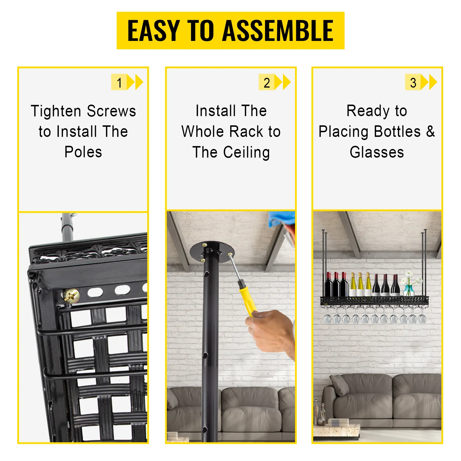 easy to assemble VEVOR ceiling wine glass rack: tighten screws, install, place bottles and glasses.
