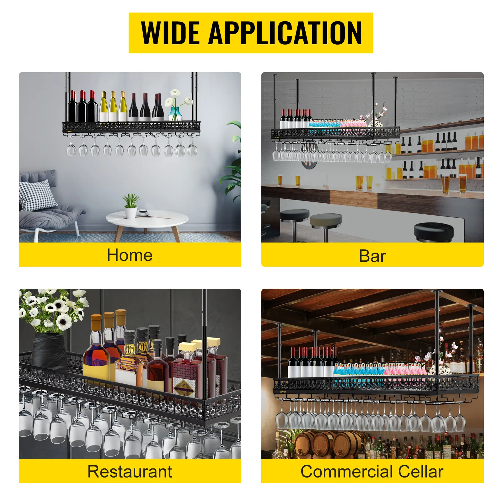 wide applications of VEVOR ceiling wine glass rack in home, bar, restaurant, cellar.