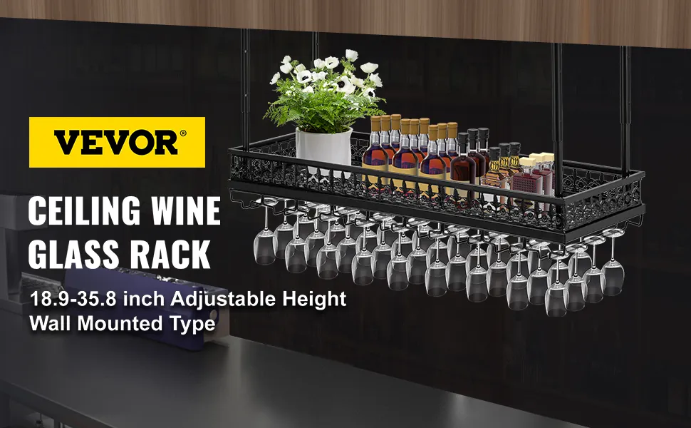 VEVOR wine glass rack with bottles and flowers, adjustable height, wall-mounted.