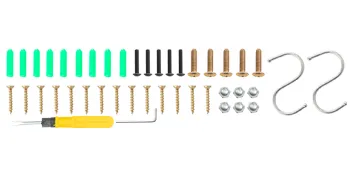 VEVOR wine glass rack installation parts: screwdriver, screws, anchors, s-hooks, and bolts.