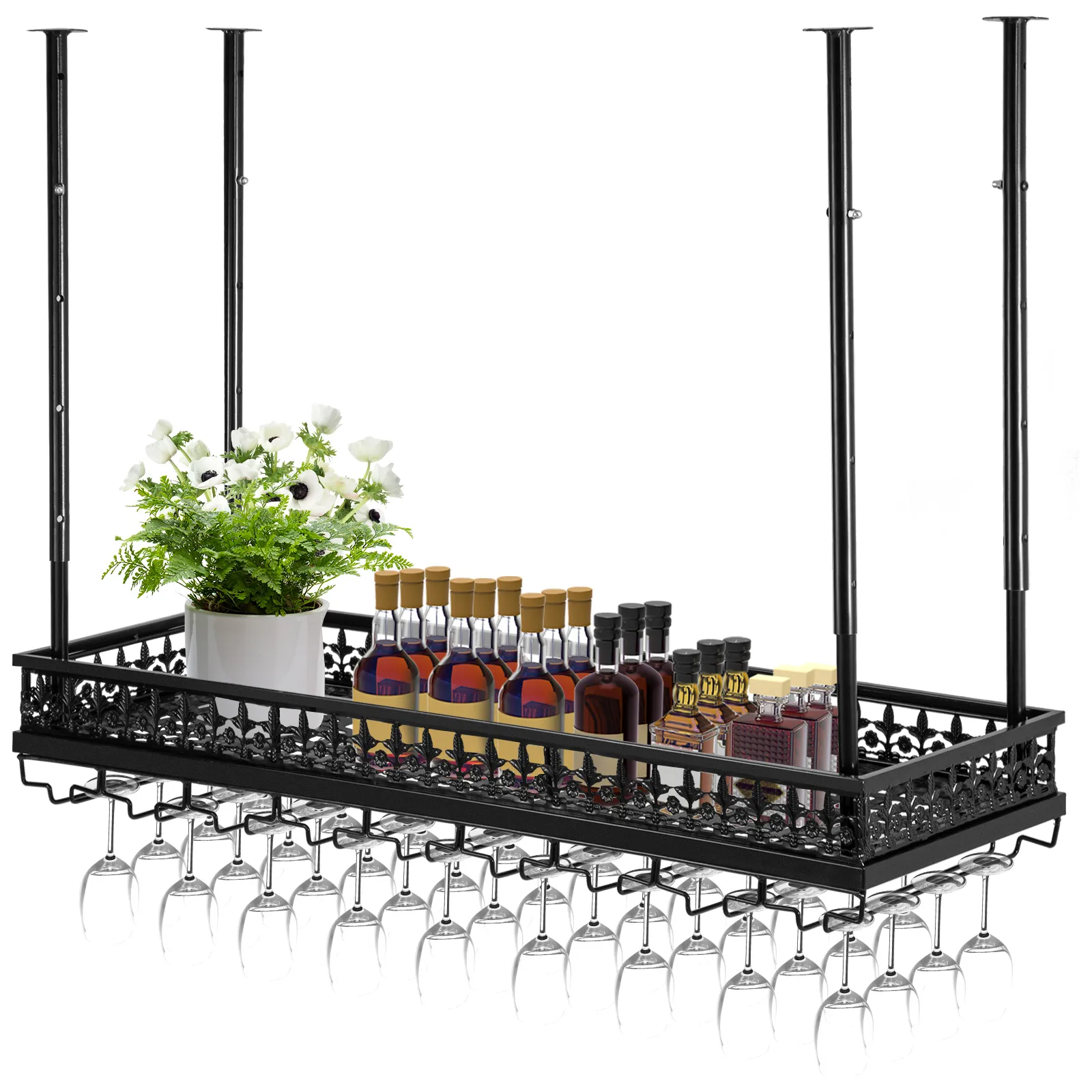 VEVOR wine glass rack with bottles, plants, and hanging glasses.