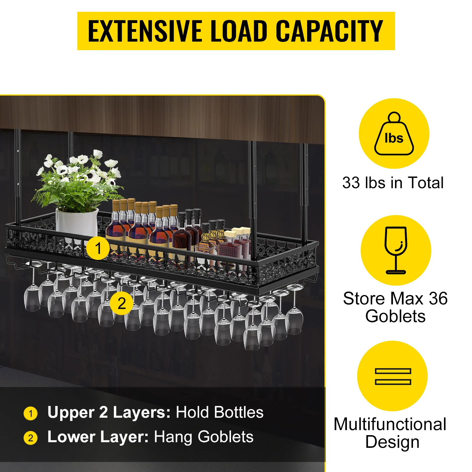 VEVOR wine glass rack with dual layers for bottles and goblets, 33 lbs capacity.