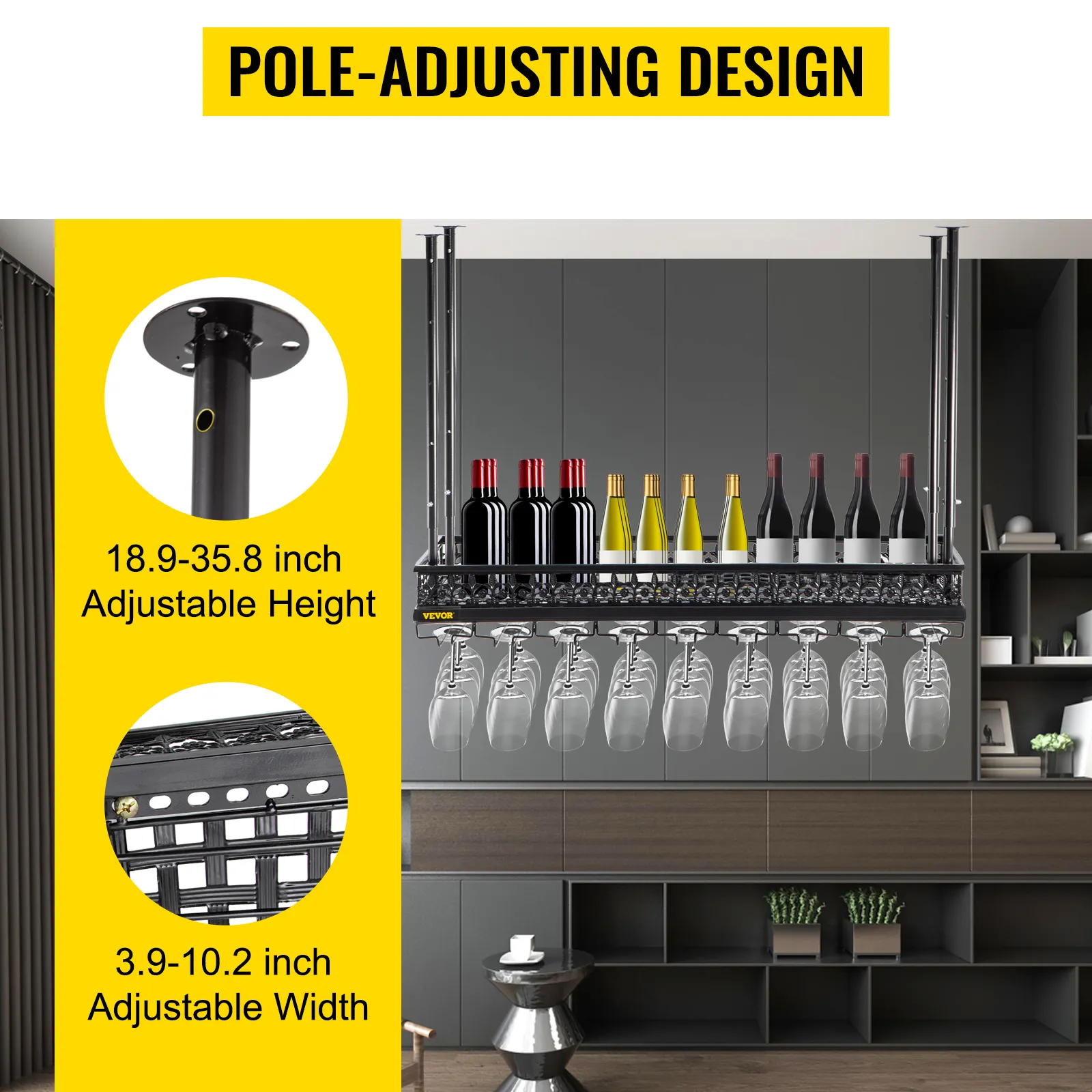 VEVOR wine glass rack with adjustable height and width, holding bottles and glasses.