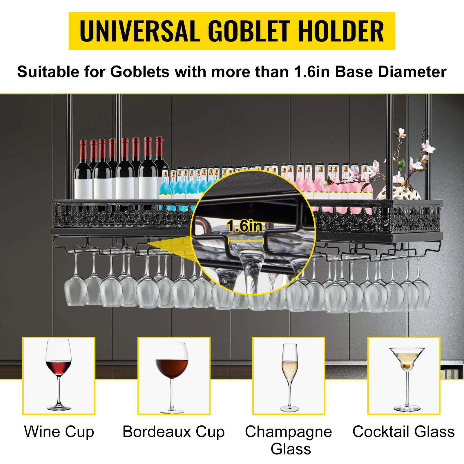 VEVOR wine glass rack holds wine, bordeaux, champagne, and cocktail glasses with 1.6in base.