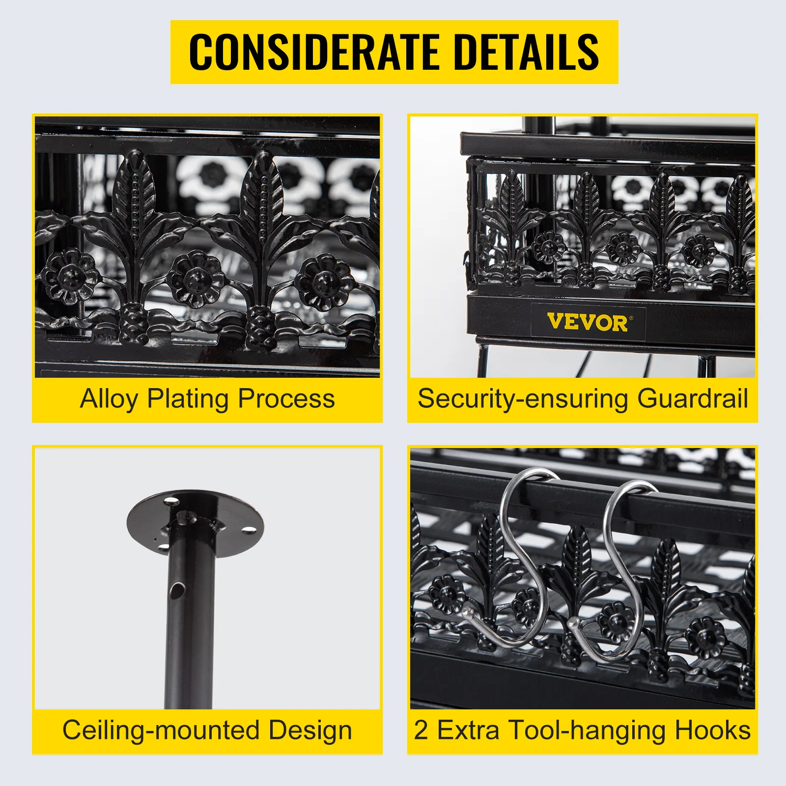 VEVOR wine glass rack with alloy plating, guardrail, ceiling mount, and tool hooks.