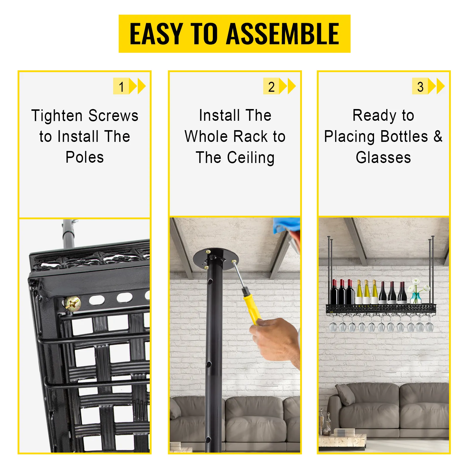 easy to assemble VEVOR wine glass rack with installation steps and finished setup.