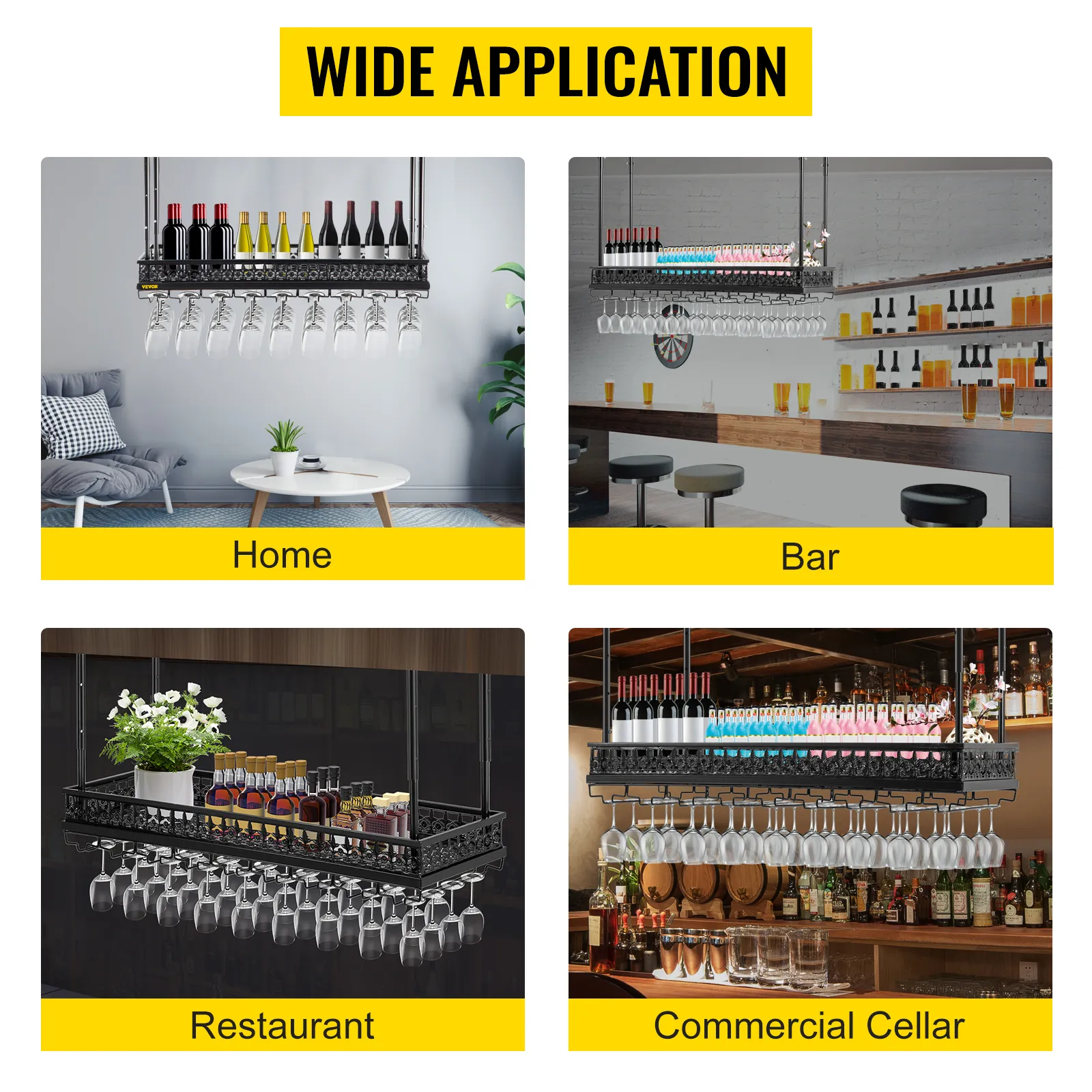 VEVOR wine glass rack for home, bar, restaurant, and commercial cellar use. wide application.