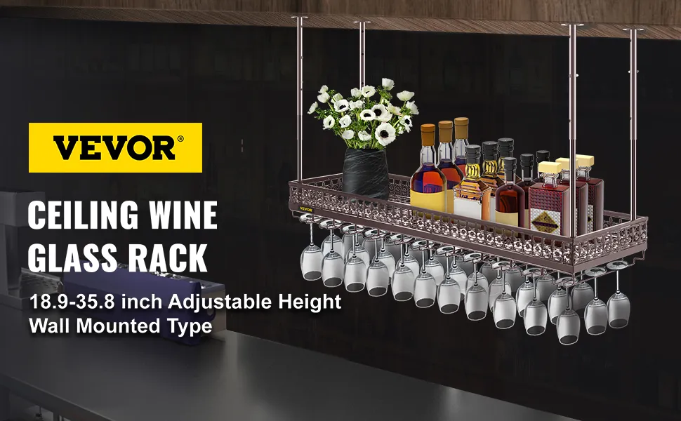 VEVOR ceiling wine glass rack with adjustable height holding bottles and glasses.