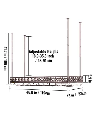 VEVOR ceiling wine glass rack dimensions; adjustable height 18.9-35.8 inches.
