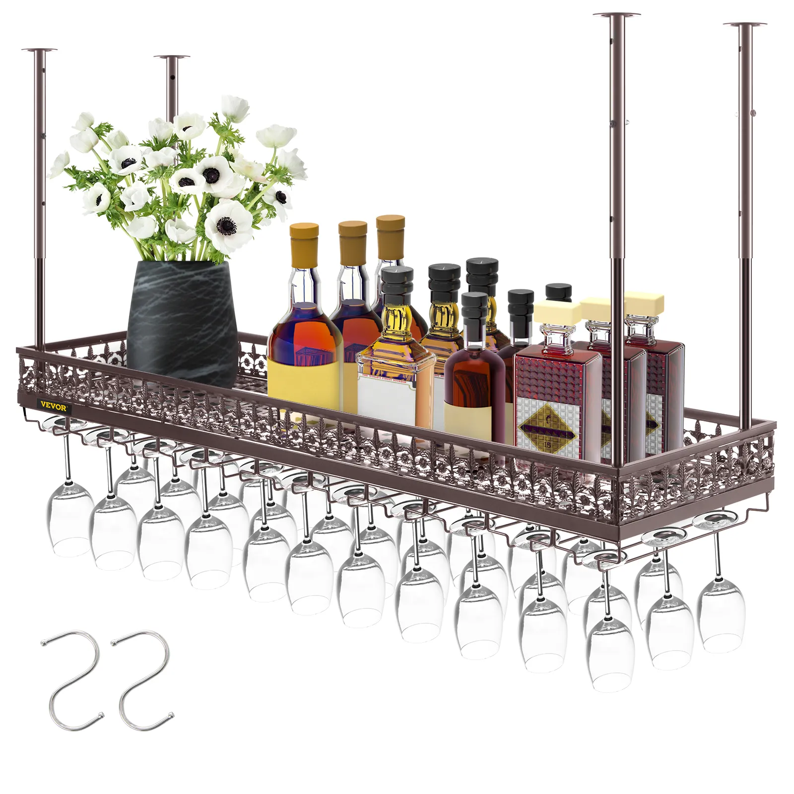 VEVOR ceiling wine glass rack with bottles, flowers, and hanging glasses.