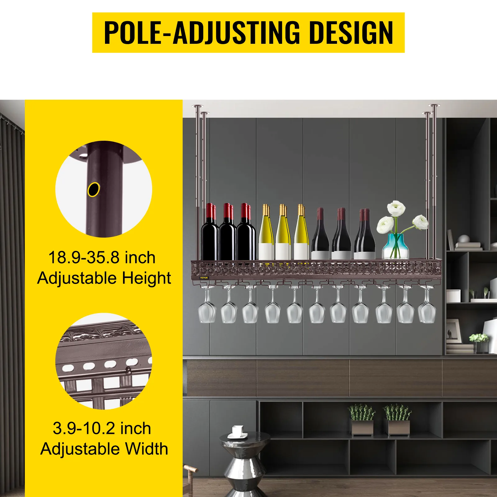 VEVOR ceiling wine glass rack with adjustable poles, holding wine bottles and glasses.
