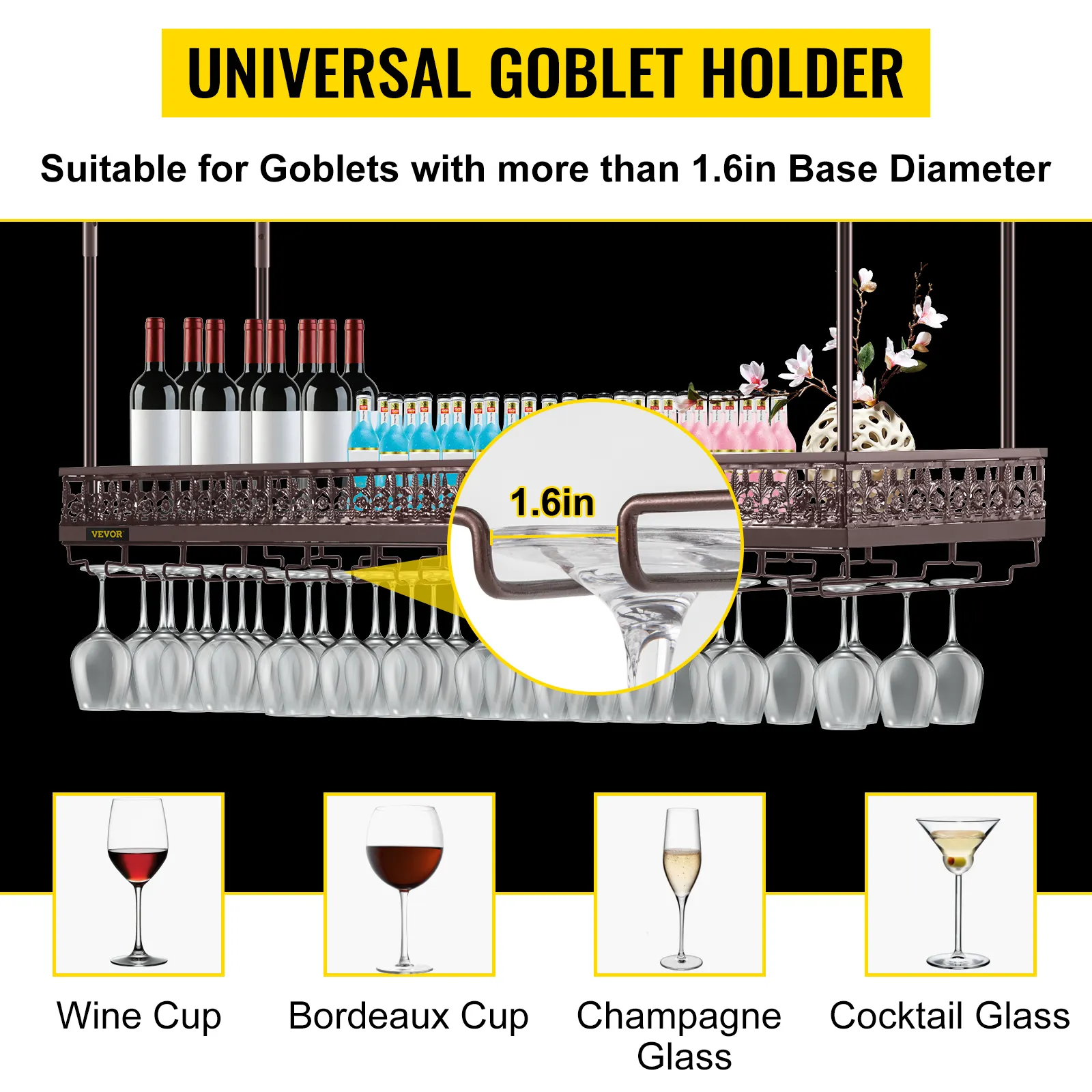 VEVOR ceiling wine glass rack with universal goblet holder for various glass types.