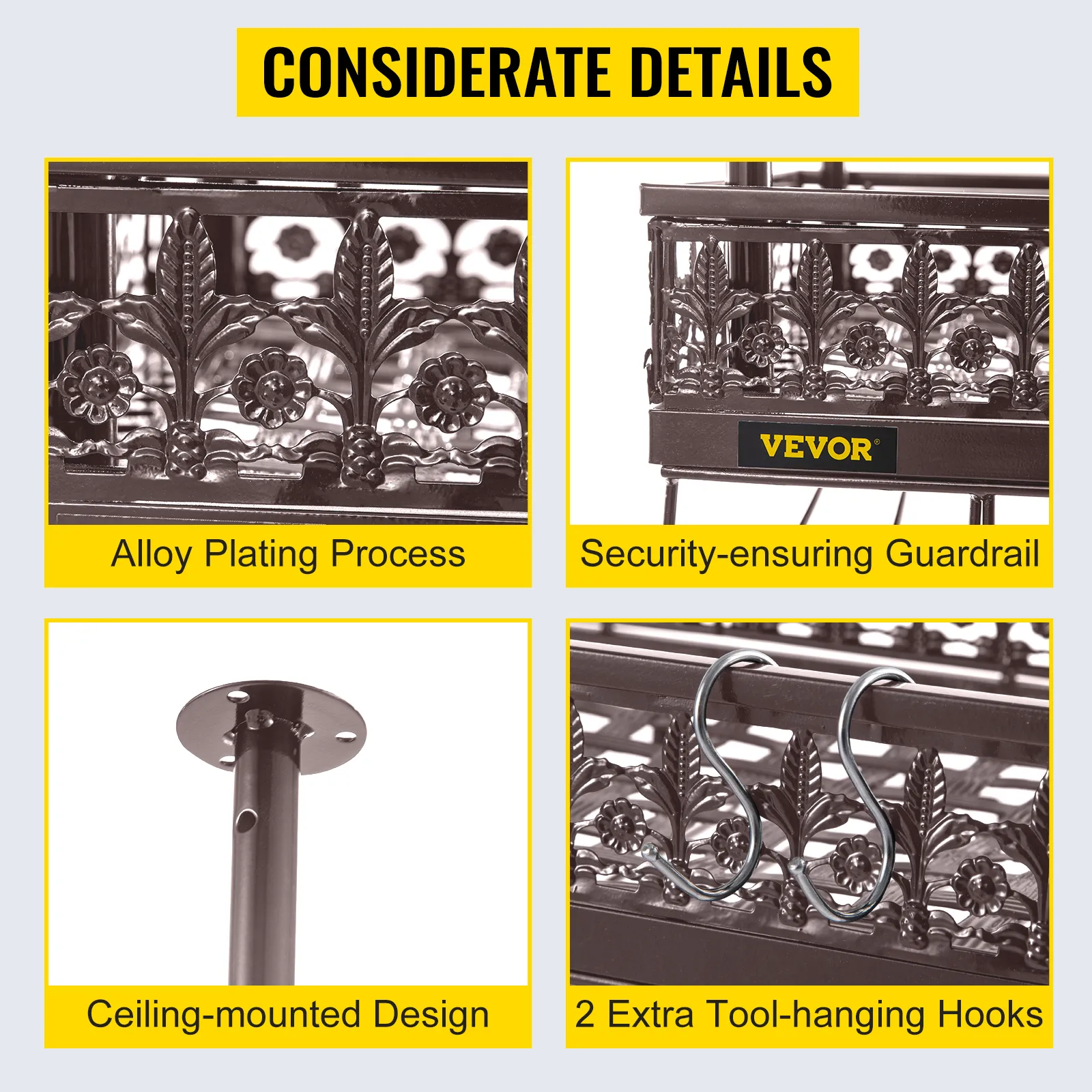 VEVOR ceiling wine glass rack features alloy plating, guardrail, ceiling-mounted design, and hooks.