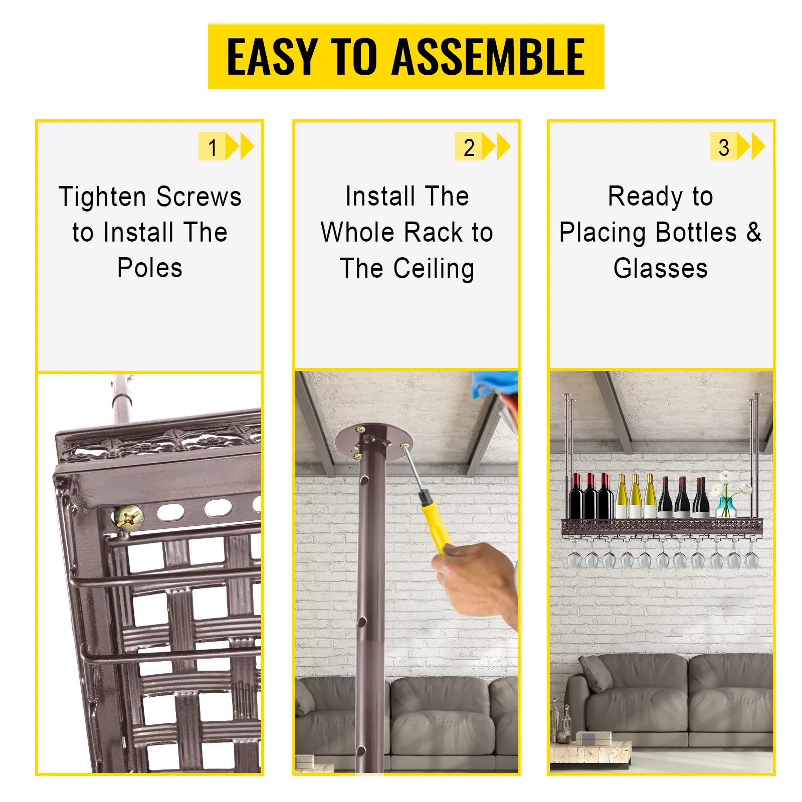 VEVOR ceiling wine glass rack assembly steps: tighten screws, install to ceiling, add bottles/glasses.
