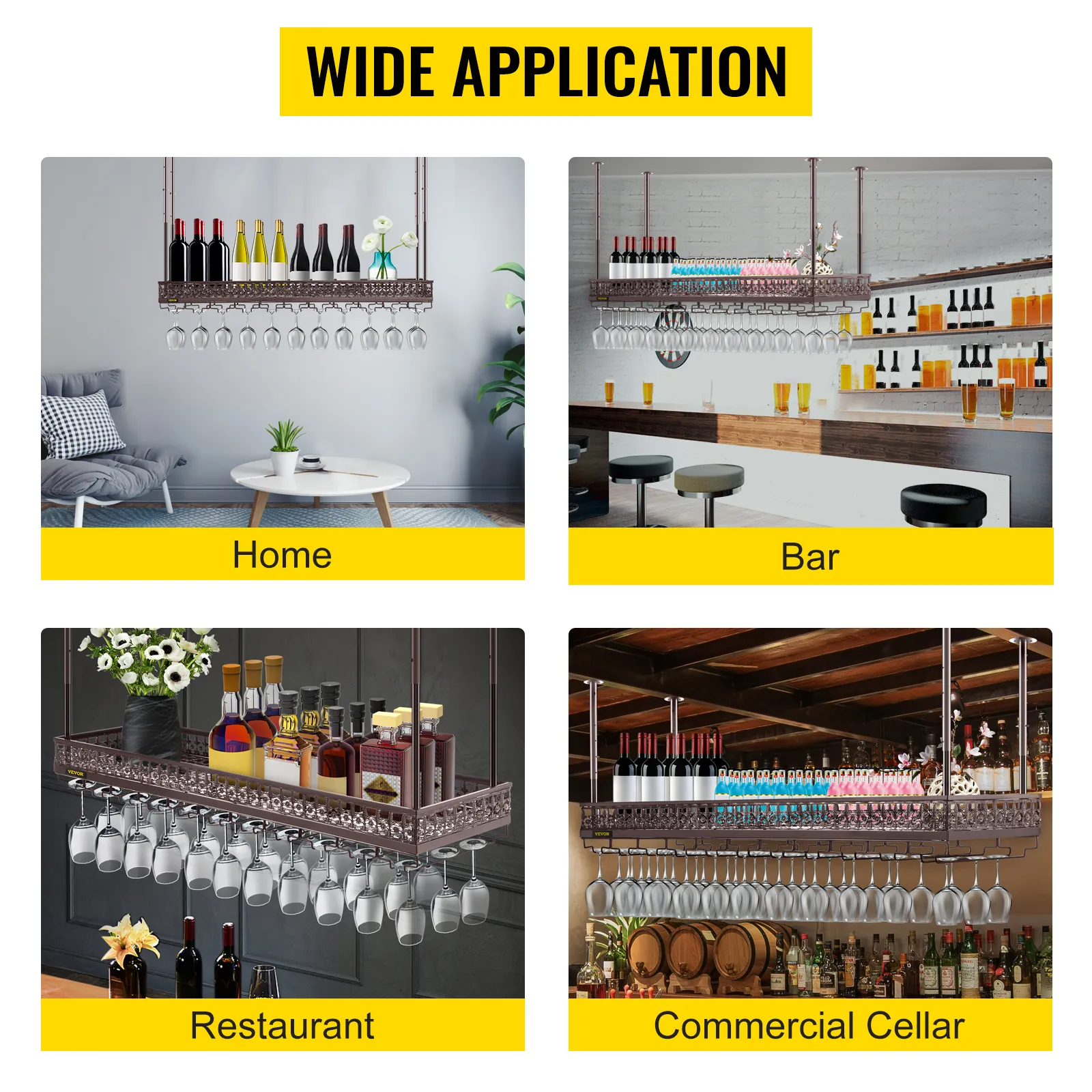 VEVOR ceiling wine glass rack in home, bar, restaurant, and commercial cellar settings.