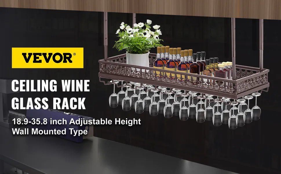 VEVOR ceiling wine glass rack with adjustable height, holding bottles and glasses.