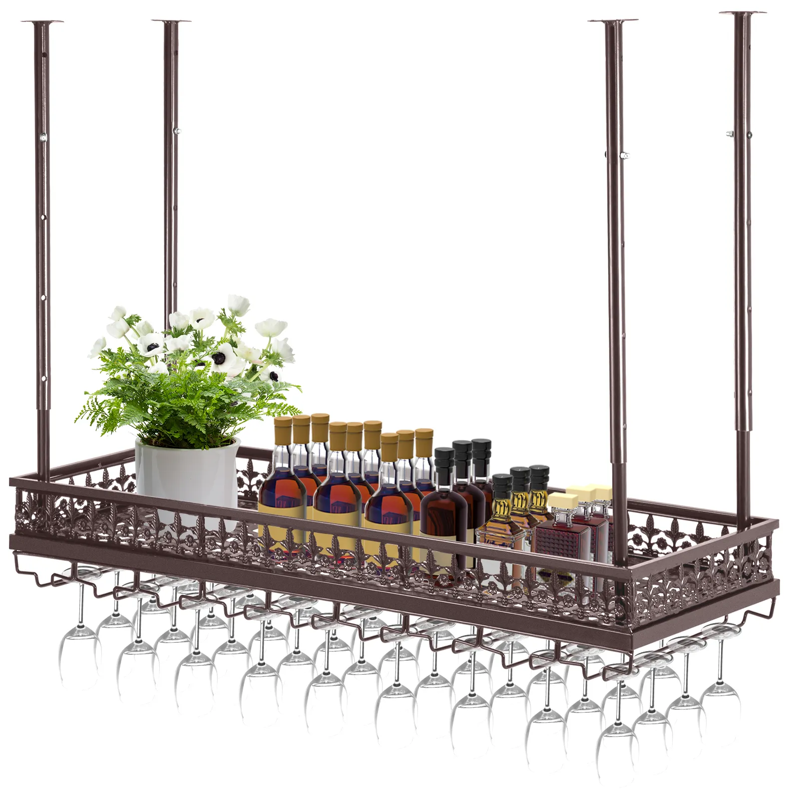 VEVOR ceiling wine glass rack with bottles, flowers, and glasses hanging below.