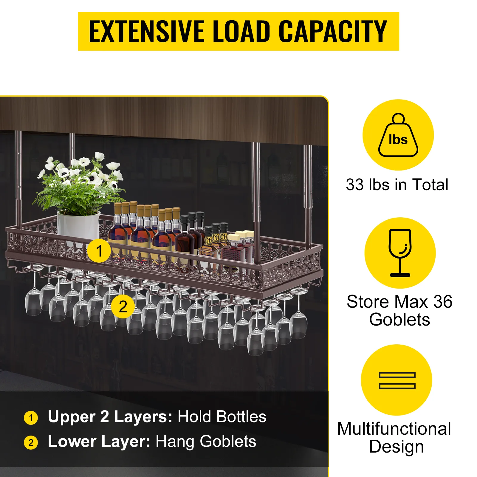 VEVOR ceiling wine glass rack with two layers for bottles and space for 36 goblets.
