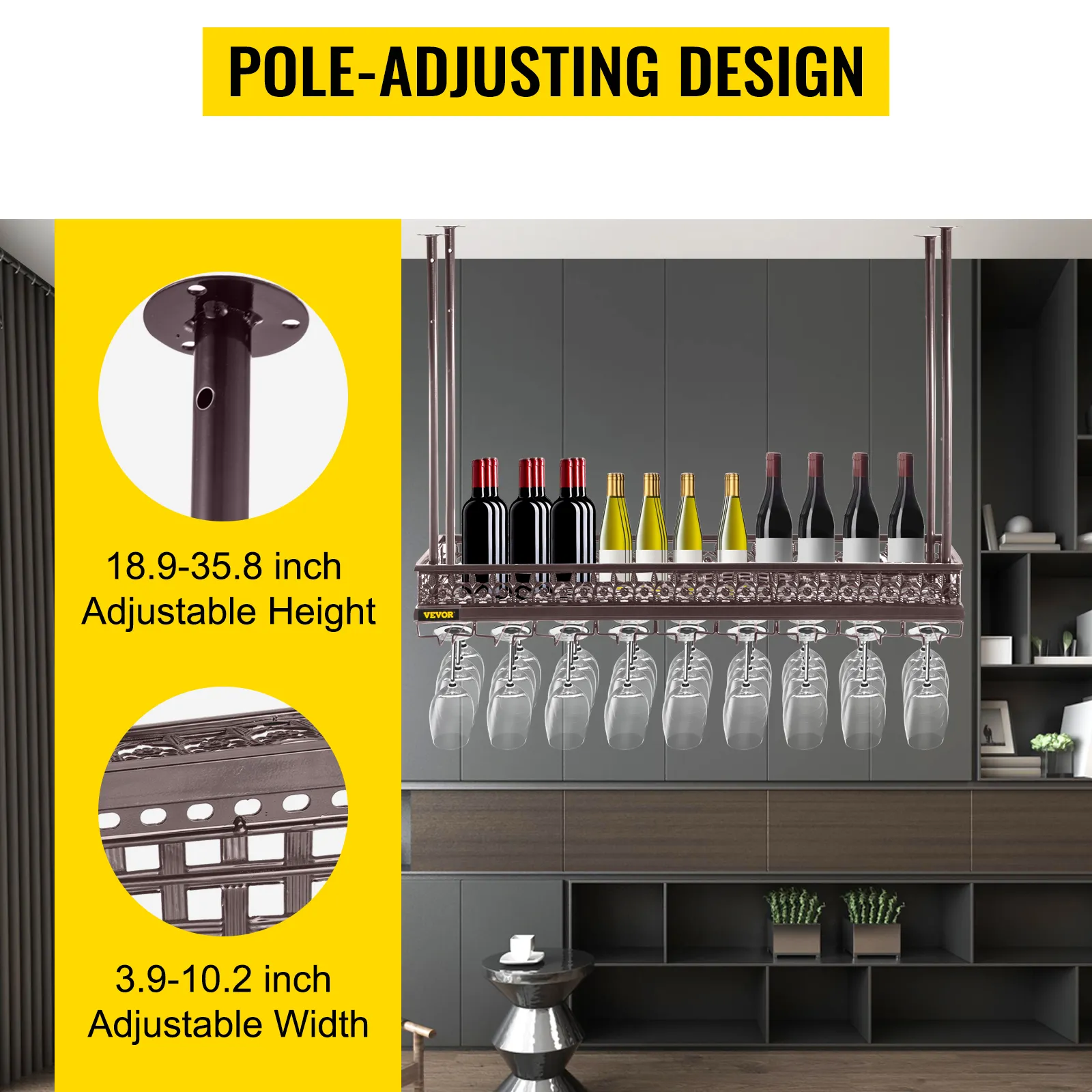 VEVOR ceiling wine glass rack with adjustable height and width, holding bottles and glasses.