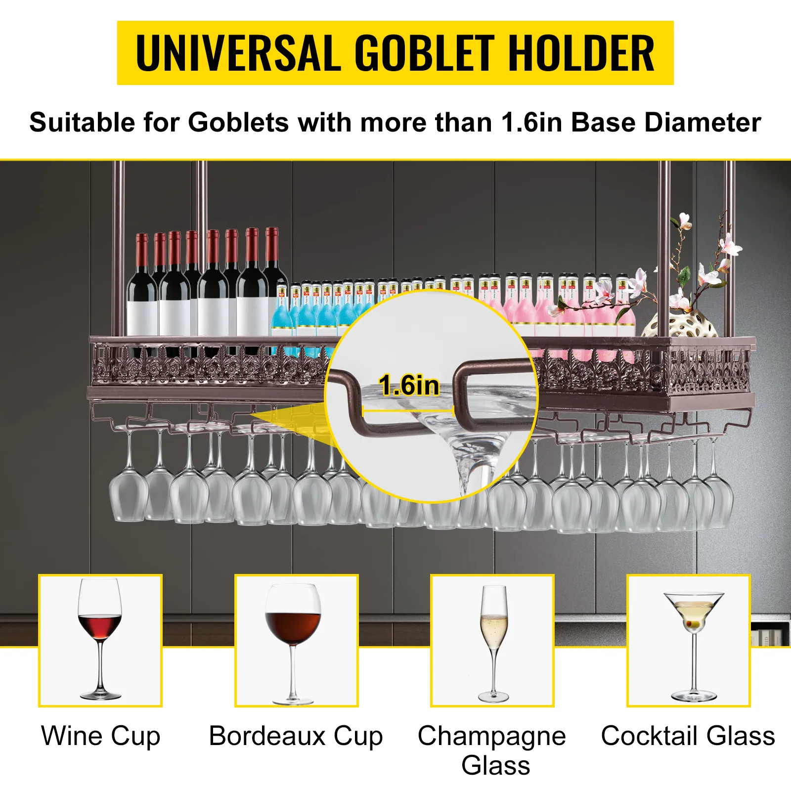 VEVOR ceiling wine glass rack holds wine, champagne, bordeaux, and cocktail glasses.
