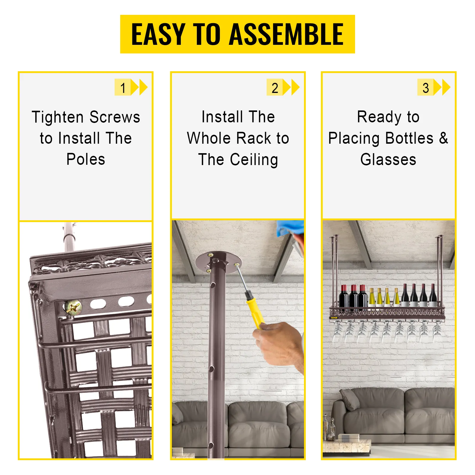 easy assembly steps for VEVOR ceiling wine glass rack: screw, install, and ready to use.