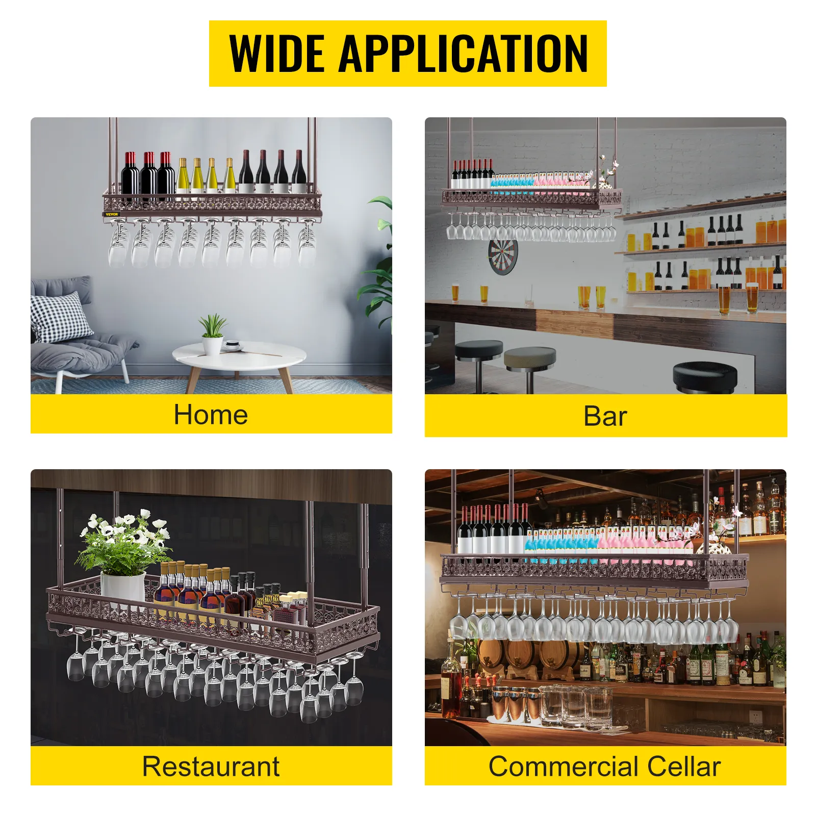 VEVOR ceiling wine glass rack shown in home, bar, restaurant, and commercial cellar settings.