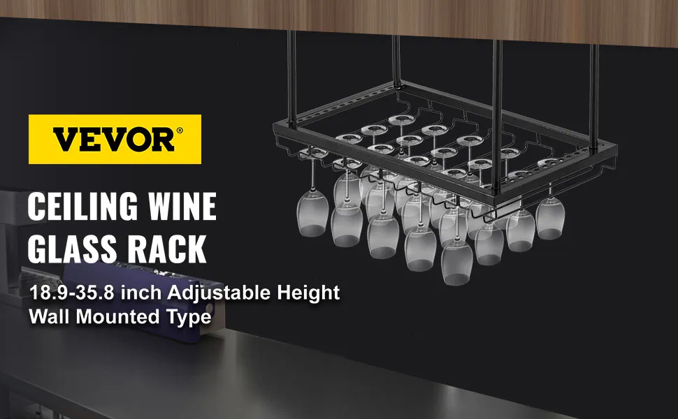 Estante para copas de vino de techo VEVOR, altura ajustable, montaje en pared, soporte para copas.