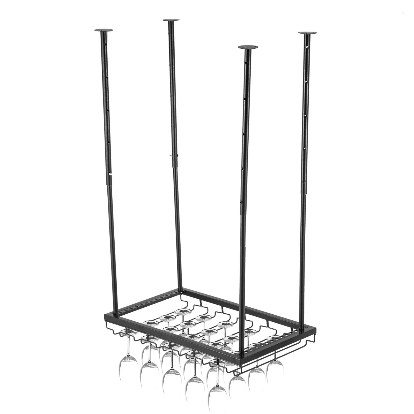 Estante para copas de vino de techo VEVOR con copas de vino colgantes y marco de metal ajustable.