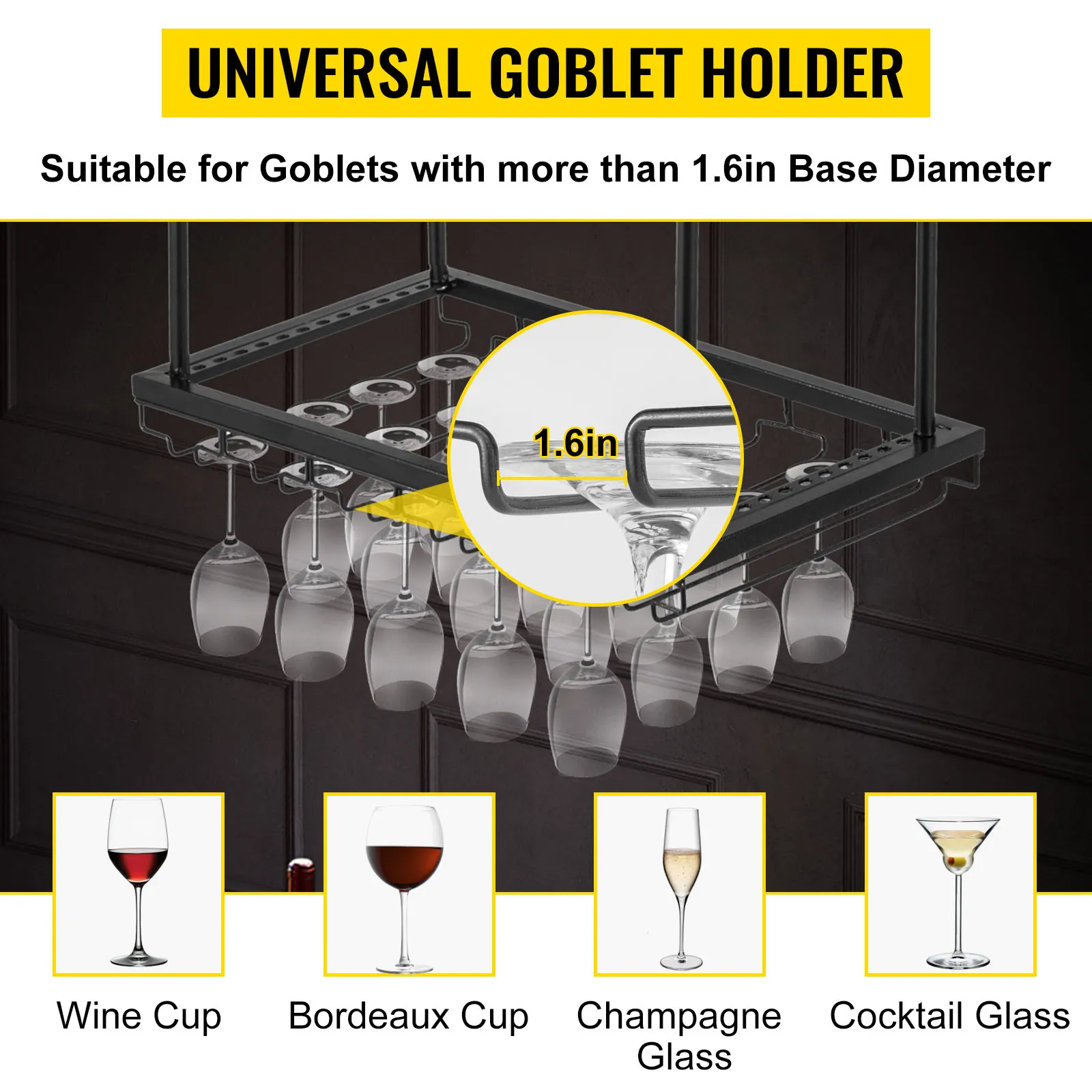 El estante para copas de vino de techo VEVOR se adapta a varias copas con una base de más de 1,6 pulgadas.