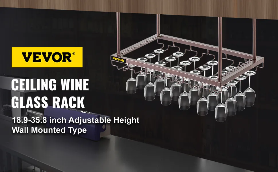VEVOR ceiling wine glass rack with adjustable height over a kitchen counter.