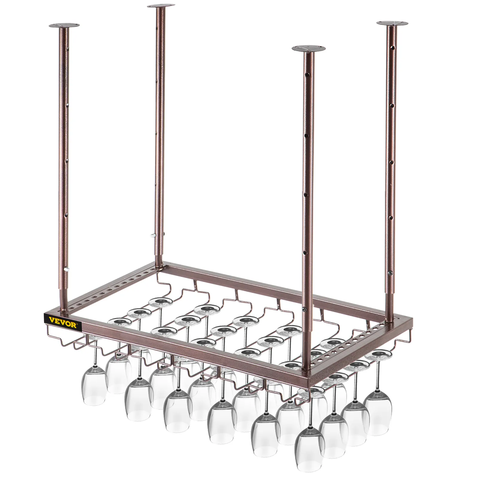 VEVOR ceiling wine glass rack displaying multiple hanging glasses.