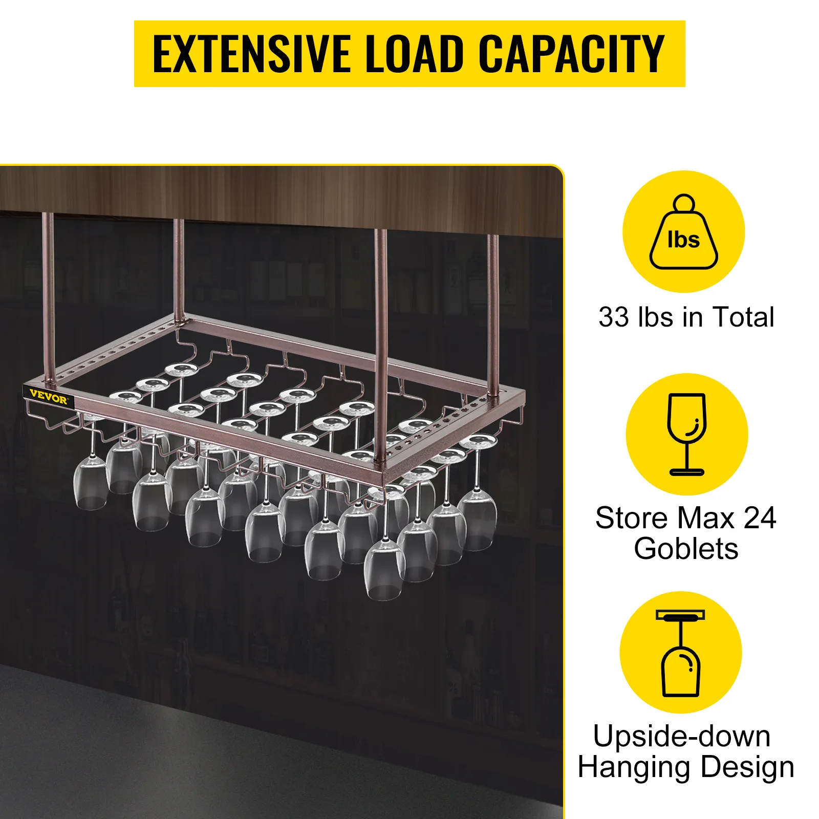 VEVOR ceiling wine glass rack with 24 goblets storage and 33 lbs load capacity.