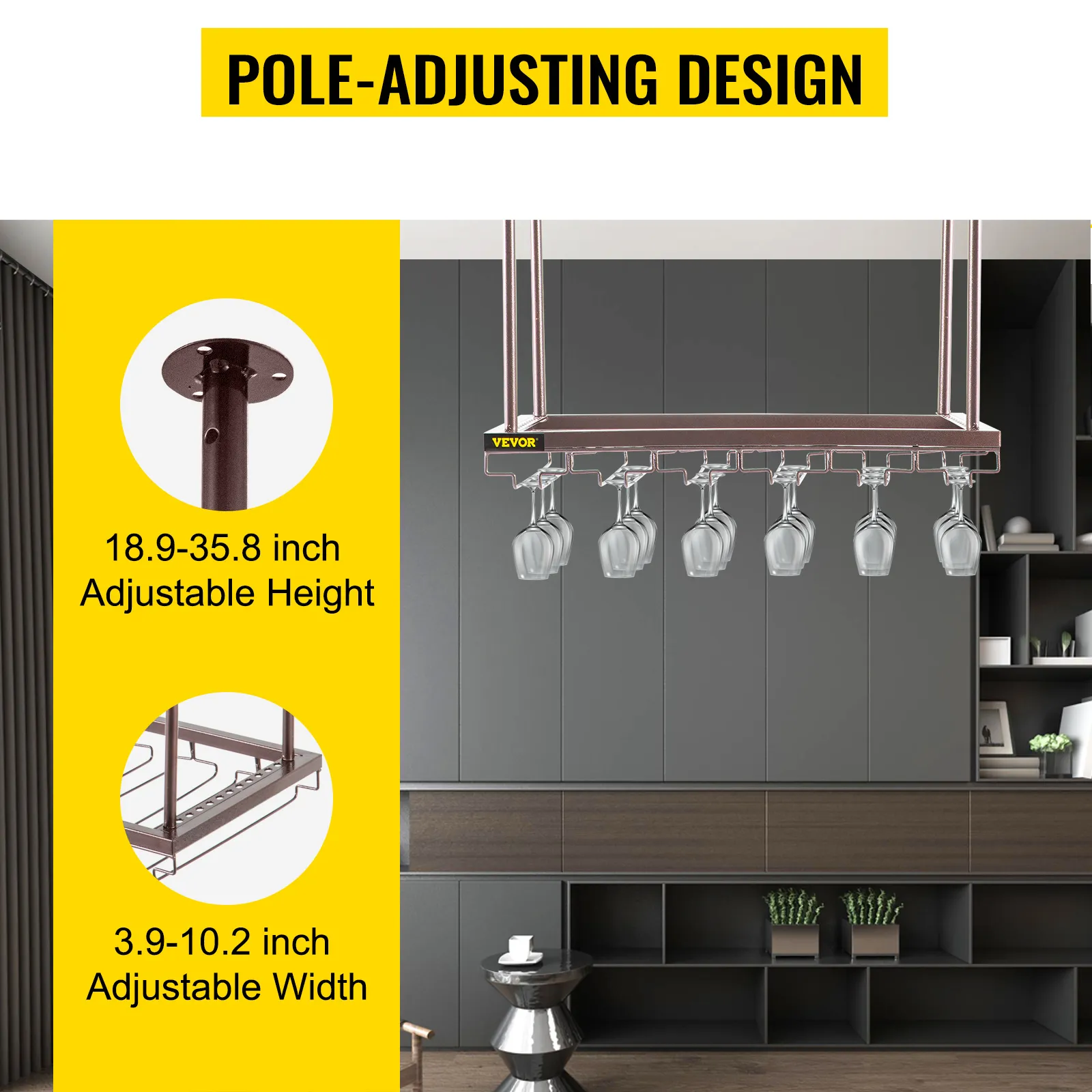 VEVOR ceiling wine glass rack with adjustable poles in modern kitchen setting.