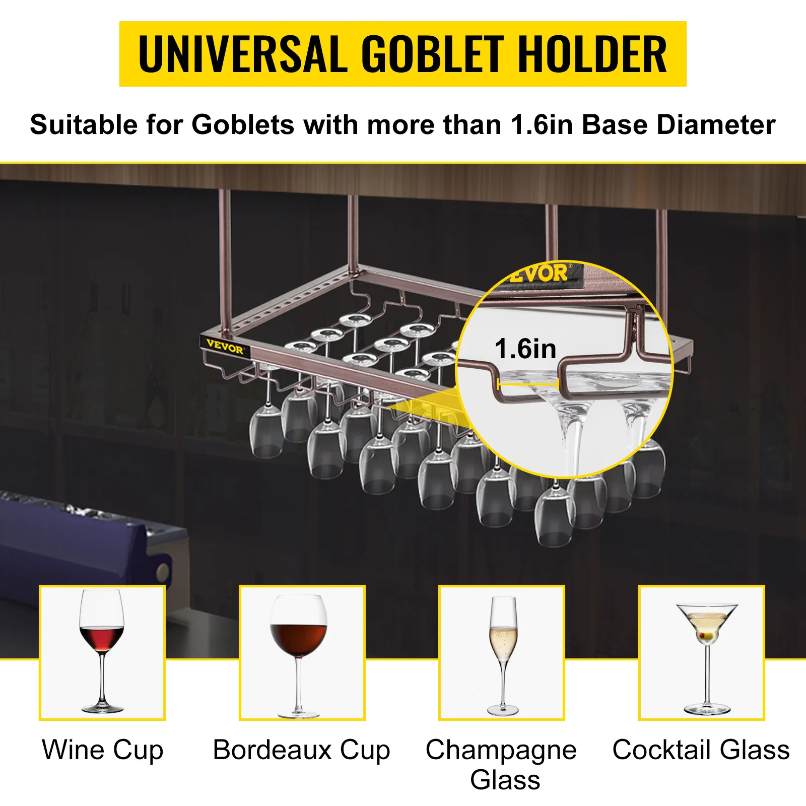 VEVOR ceiling wine glass rack holding various glasses, highlighting 1.6in base diameter.