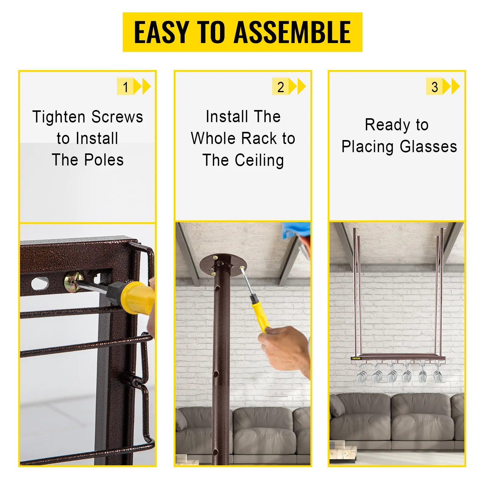 easy assembly for VEVOR ceiling wine glass rack: tighten screws, install to ceiling, place glasses.
