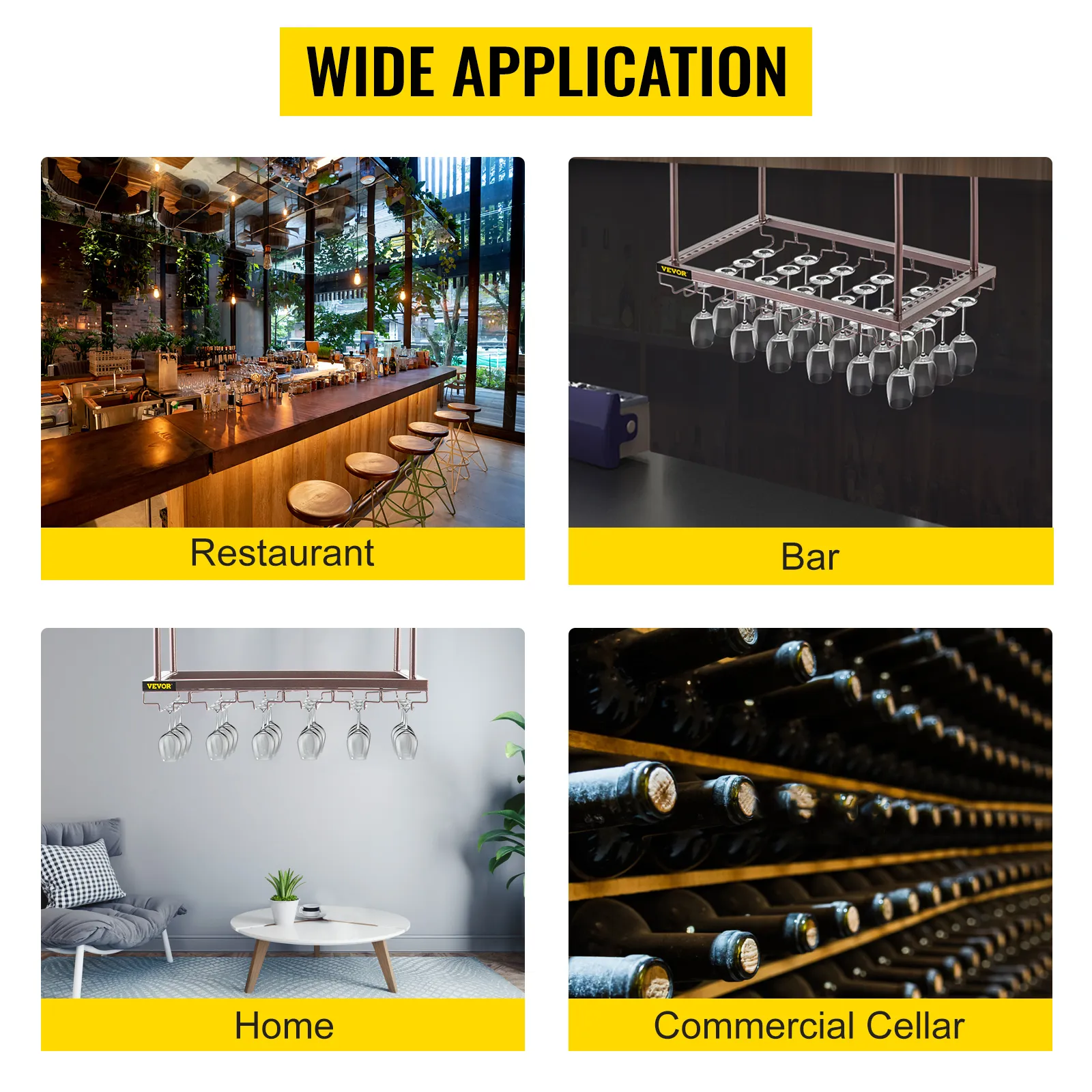 VEVOR ceiling wine glass rack in use at restaurant, bar, home, and commercial cellar.