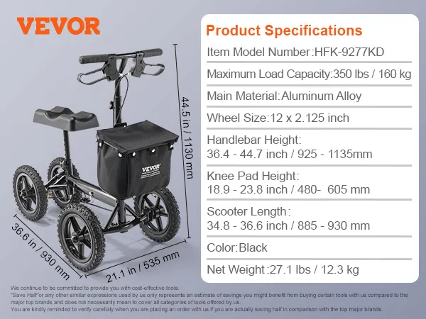 VEVOR knee scooter with aluminum alloy frame, 12-inch wheels, and adjustable handlebar height.