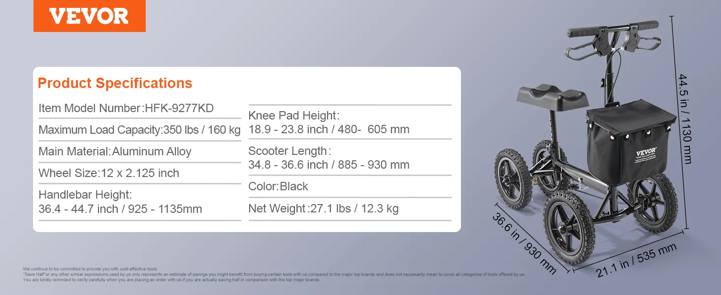 VEVOR knee scooter with aluminum alloy frame, 12-inch wheels, and adjustable handlebar height.