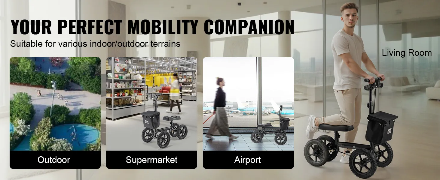 VEVOR knee scooter in various settings: outdoors, supermarket, airport, and living room.