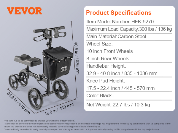 VEVOR Folding Knee Scooter, Carbon Steel Steerable Knee
