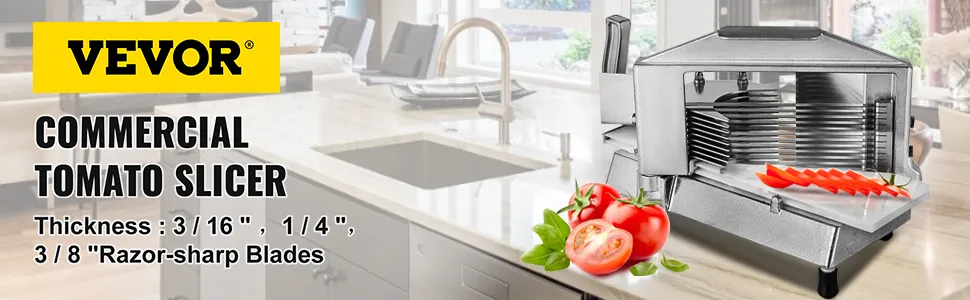 VEVOR tomato slicer in kitchen slicing tomatoes with razor-sharp blades.