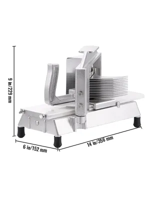 VEVOR tomato slicer with dimensions 9 in, 6 in, and 14 in. silver with black base.