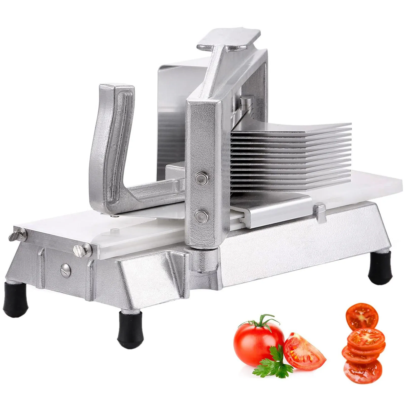 VEVOR tomato slicer with sliced tomatoes and whole tomato on white background.
