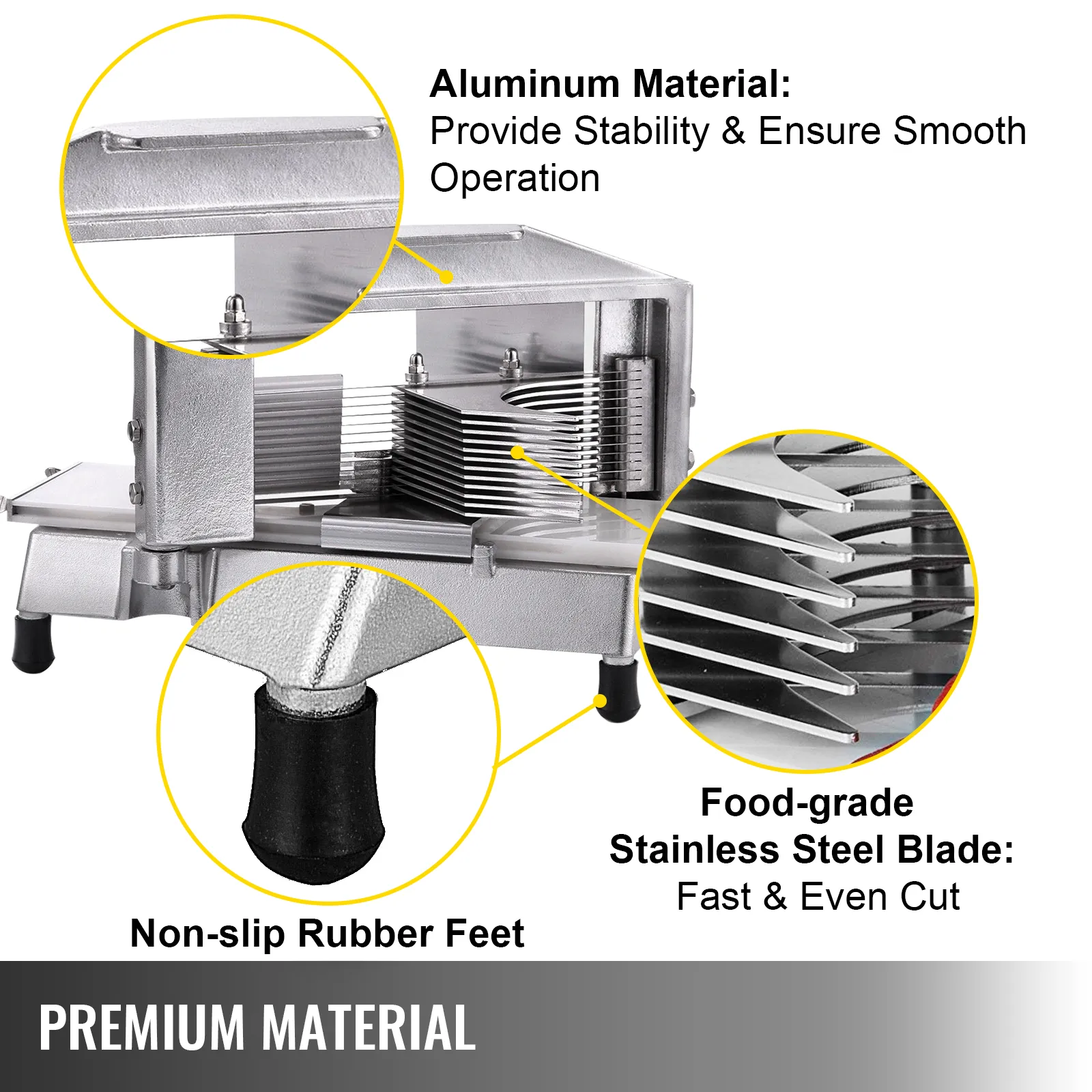 VEVOR tomato slicer with aluminum material, non-slip rubber feet, and stainless steel blade.
