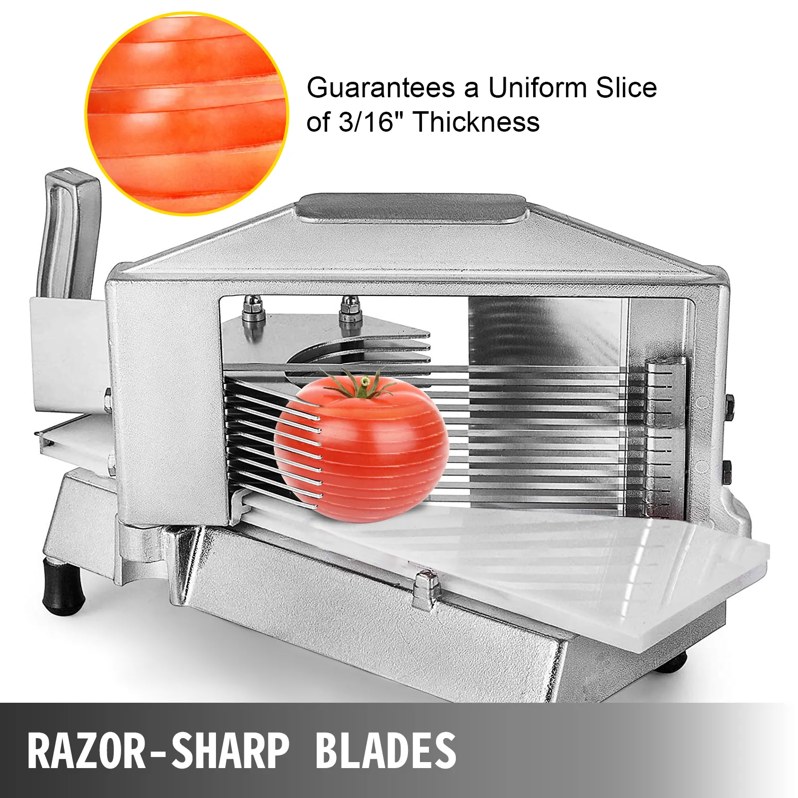 VEVOR tomato slicer with razor-sharp blades ensures 3/16" thick uniform slices