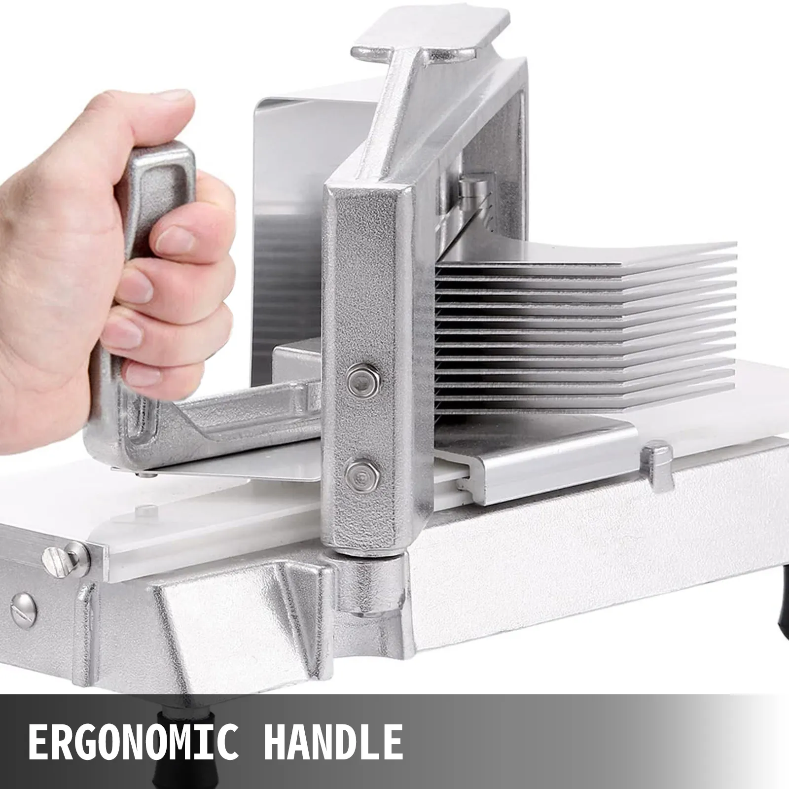 VEVOR tomato slicer with ergonomic handle and stainless steel blades.